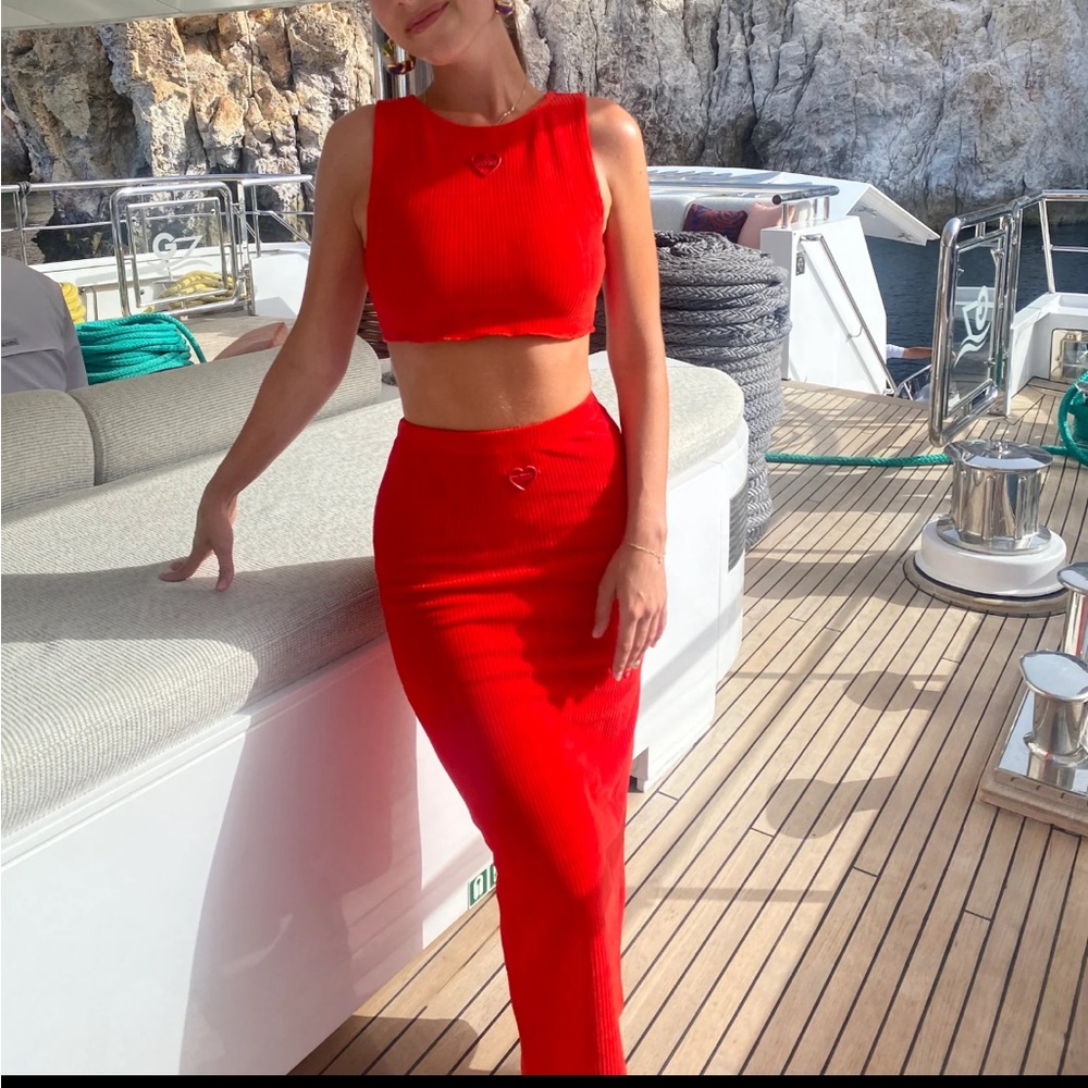 Strawberry Milk Mob Red Ribbed Maxi Skirt Set